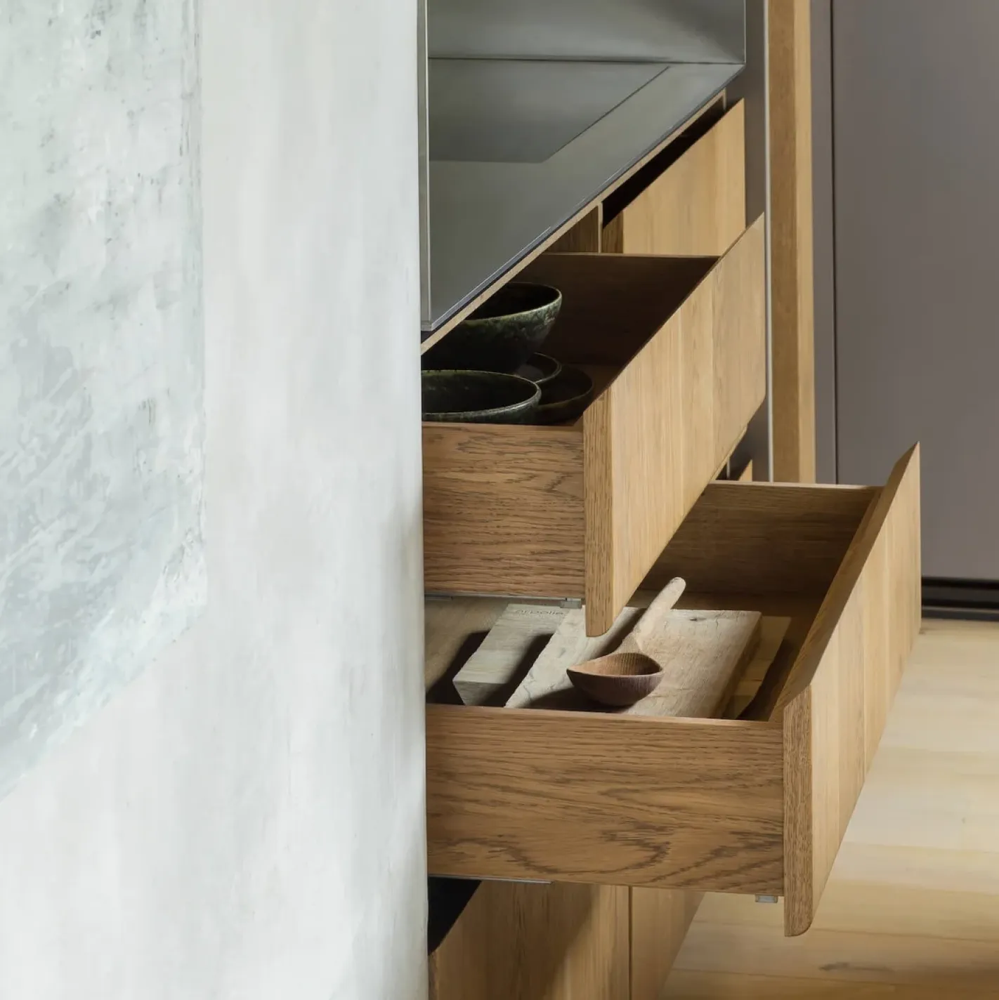 Oak kitchen drawer detail